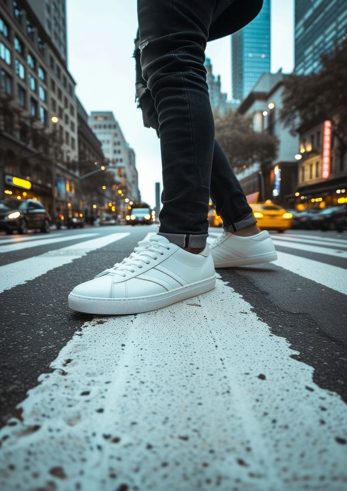 A modern sneaker on the crossing road in the city footwear walking shoe.