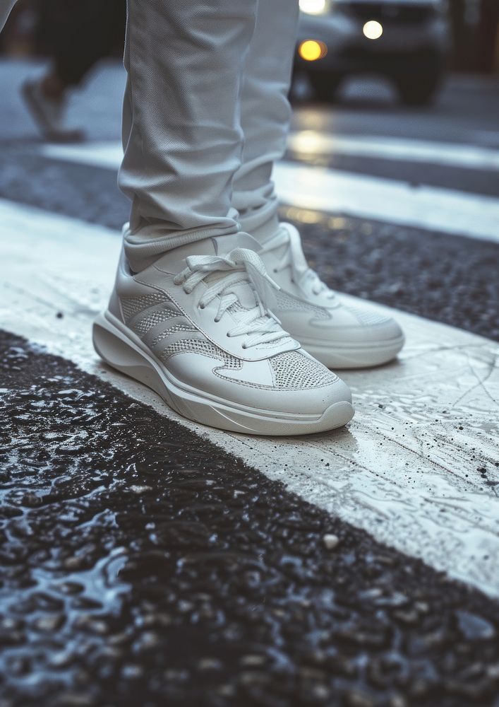 A modern sneaker on the crossing road in the city footwear shoe architecture.