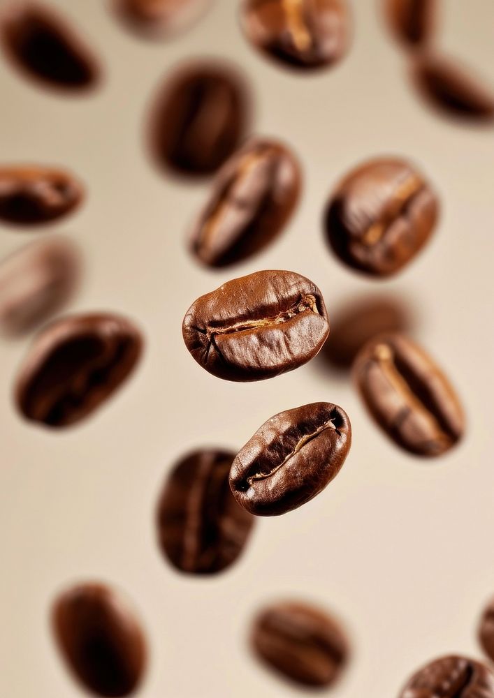 A coffee beans falling refreshment backgrounds freshness.