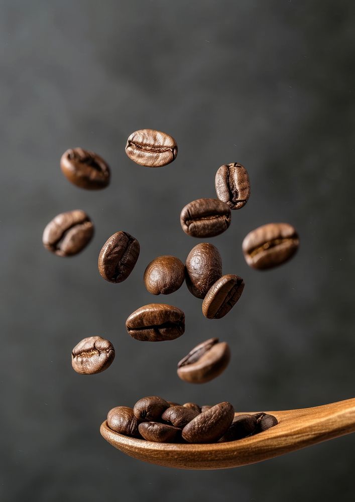 A coffee beans falling on the wood spoon refreshment freshness beverage.