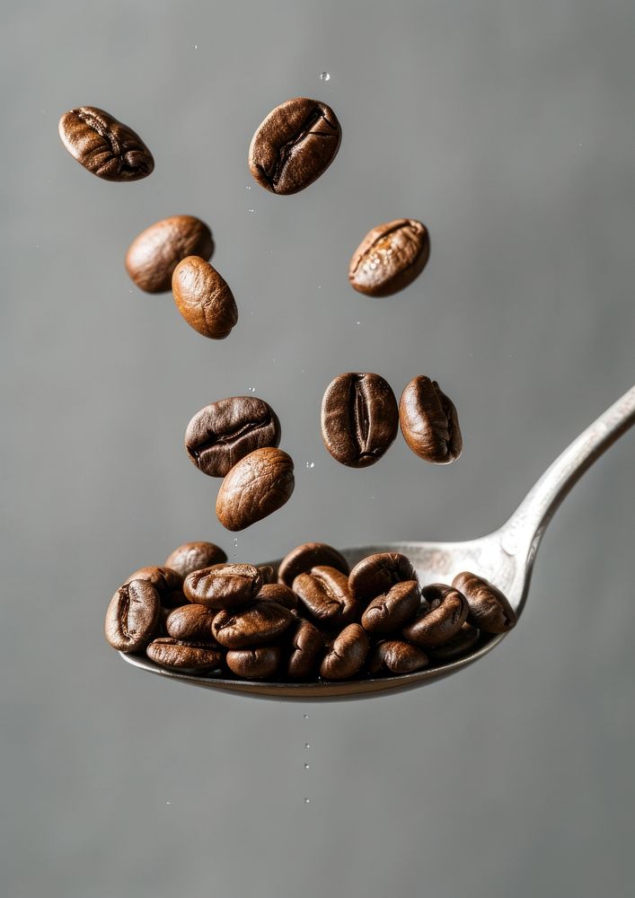 A coffee beans falling on the spoon refreshment freshness beverage.