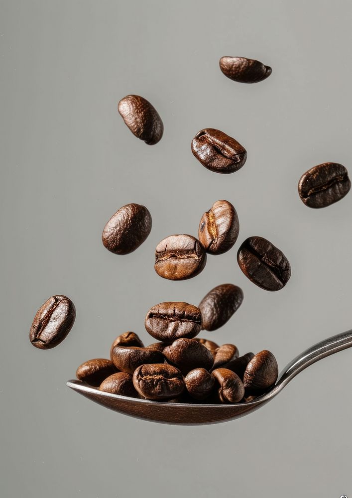 A coffee beans falling on the spoon refreshment tableware freshness.