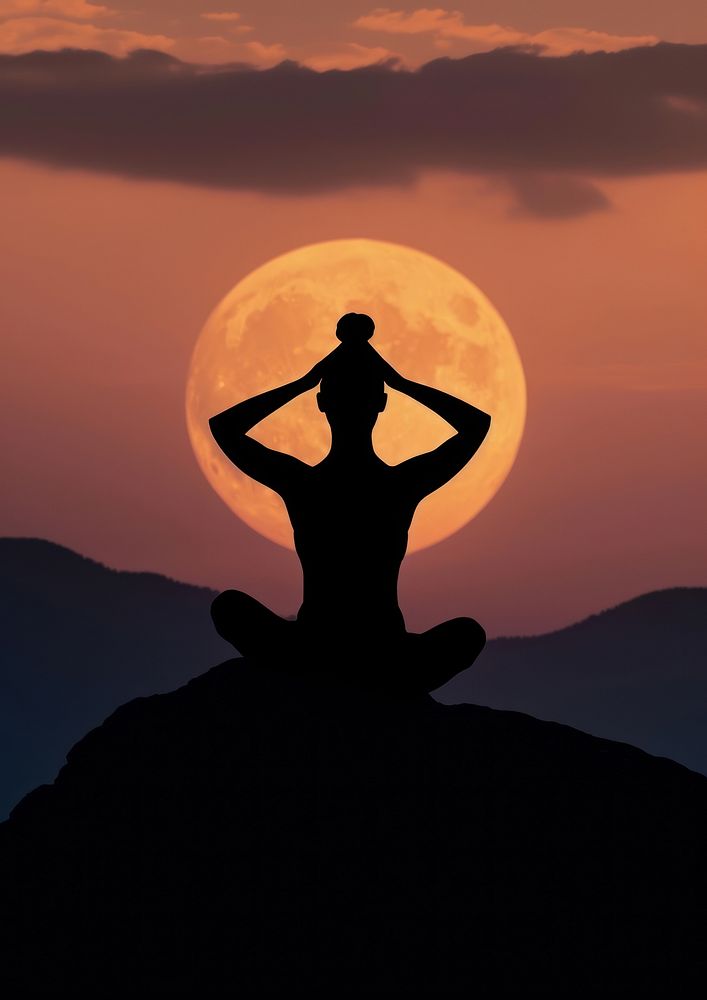 A woman silhouette sitting put the hand together or doing yoga on the mountain in front of the moon backlighting outdoors…