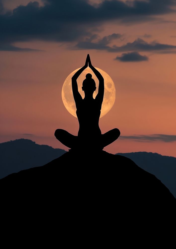 A woman silhouette sitting put the hand together or doing yoga on the mountain in front of the moon sky spirituality…