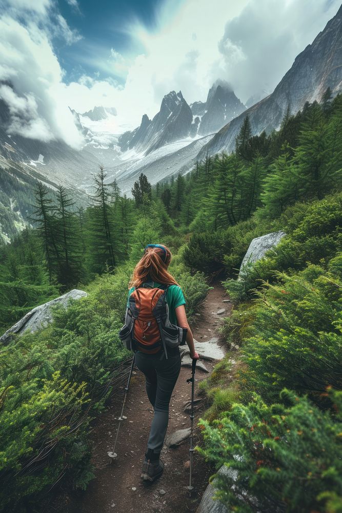 Woman hiking in the mountains adventure backpacking photography.