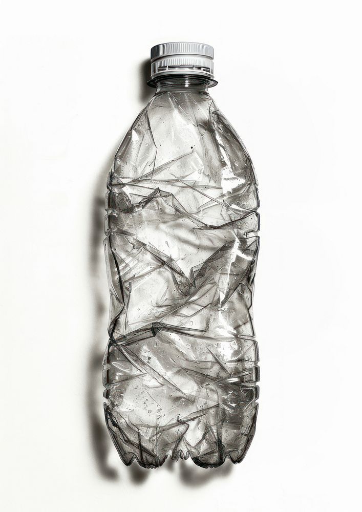 Small crushed plastic bottle white background monochrome ammunition.