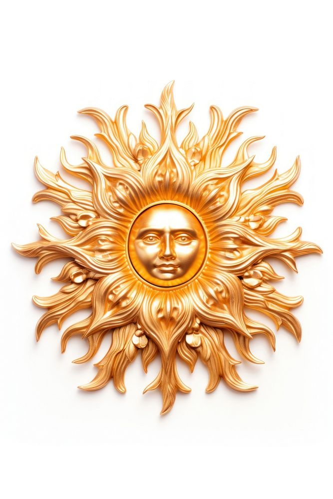 Nouveau art of sun burst frame brooch gold white background.