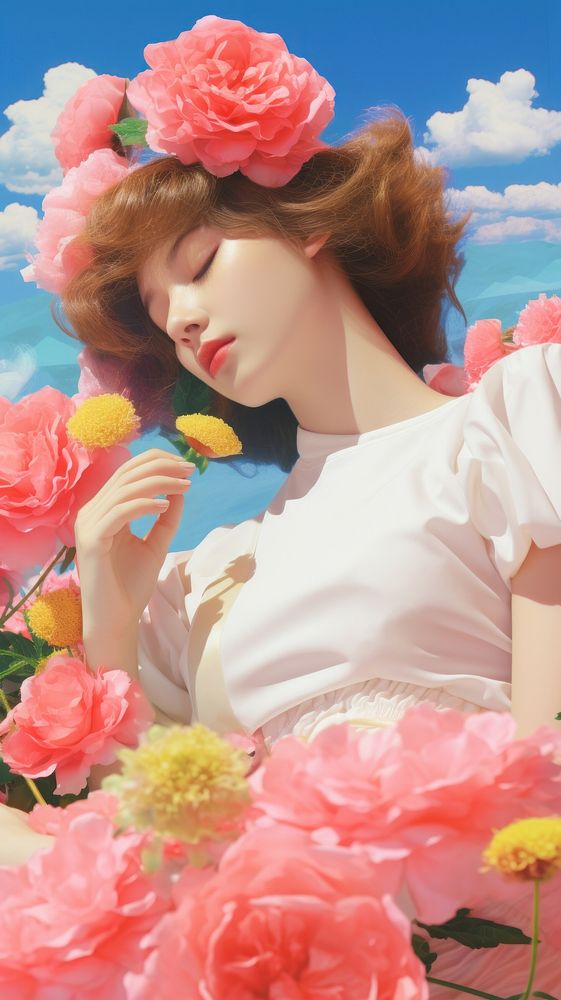 Woman with flowers and cloud portrait outdoors fantasy.