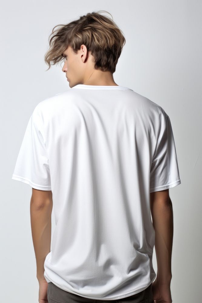 A man posting fashionable and wearing oversized white t-shirt sleeve white background architecture.