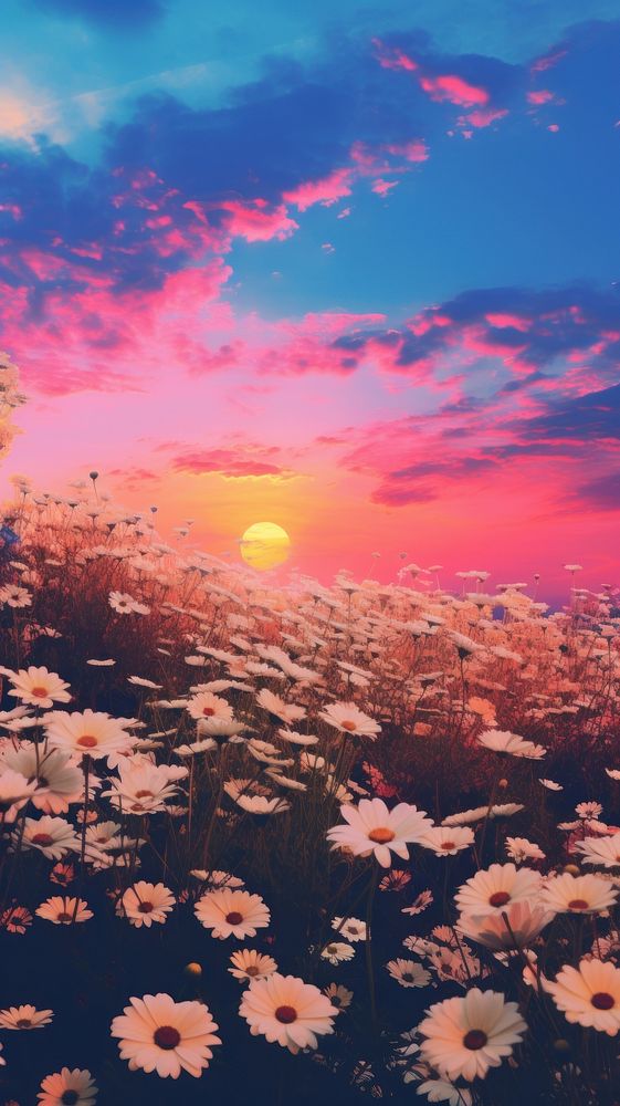 Landscape sunset flower field.