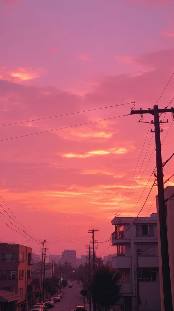 Sunset sky city silhouette outdoors.