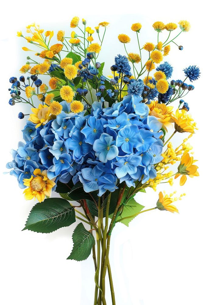 Bouquet from blue hydrangeas and yellow asters flower plant petal.