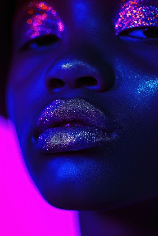 A little girl in neon lips portrait glitter purple.