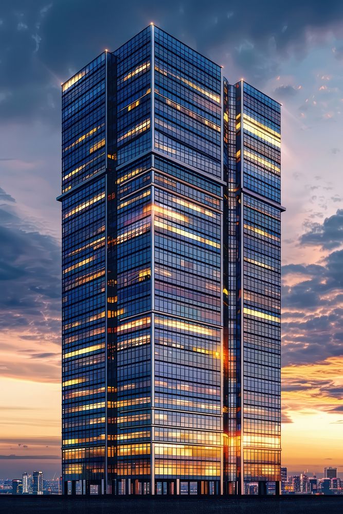 Exterior of highrise building at dusk architecture cityscape tower.