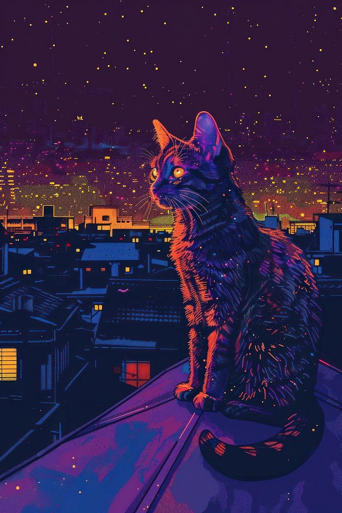 Cat sitting night city architecture.