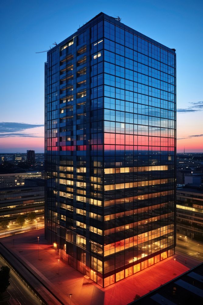 Exterior of highrise building at dusk architecture city headquarters.