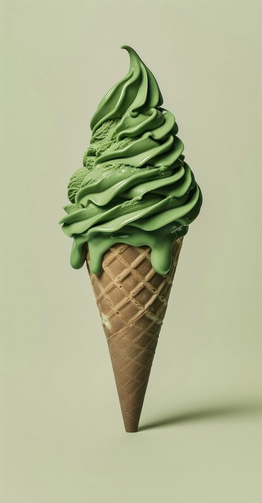 Matcha ice cream cone dessert green food.