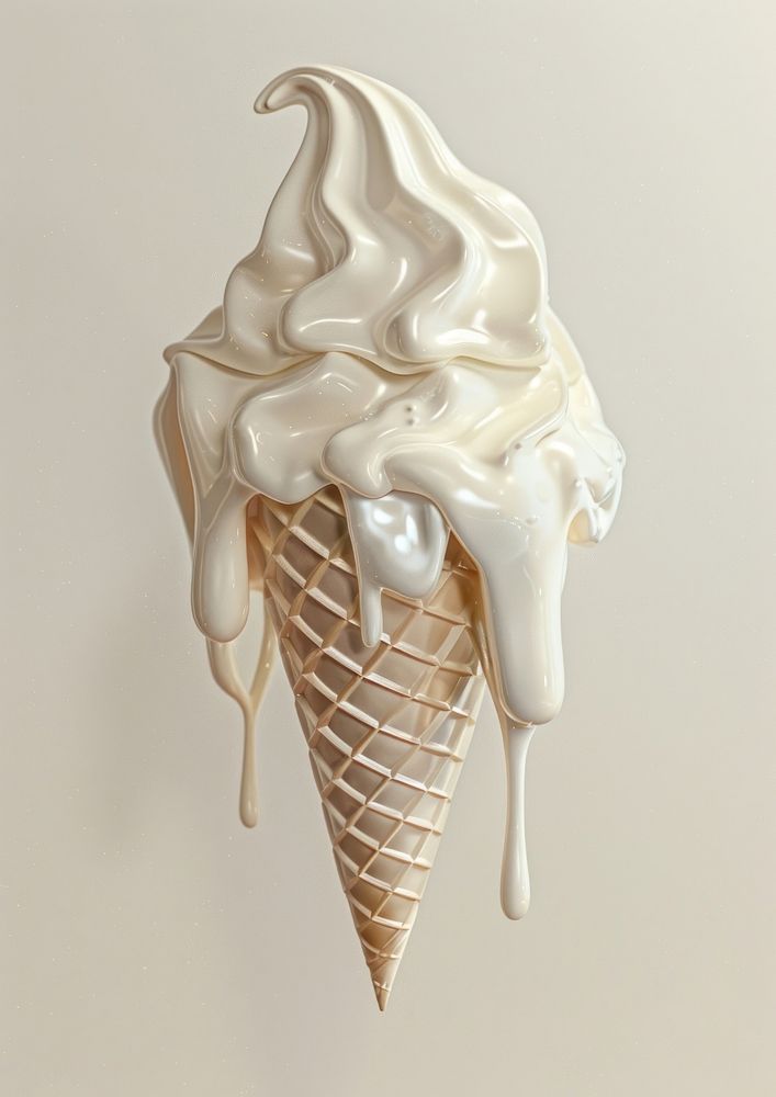 Melted ice cream cone dessert white food.