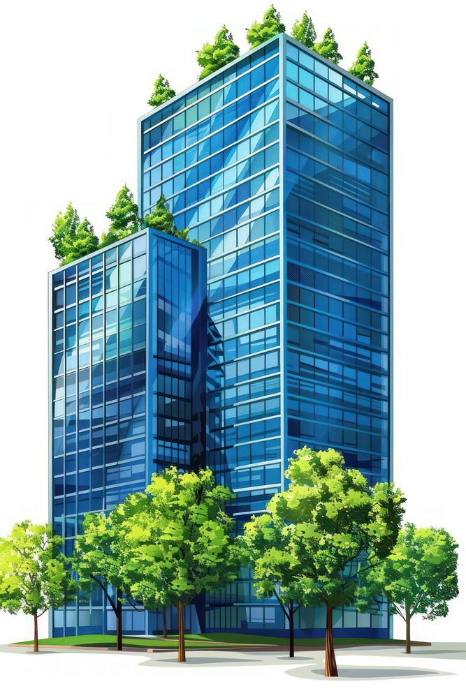 Office vector buildings in perspective view tree architecture skyscraper.