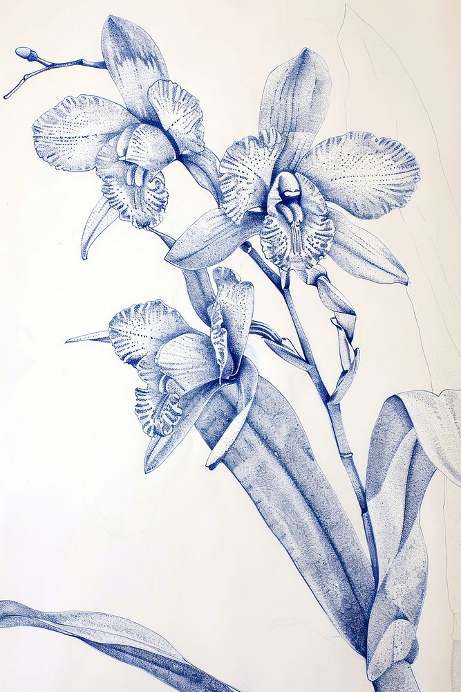 Vintage drawing orchid flower sketch plant.