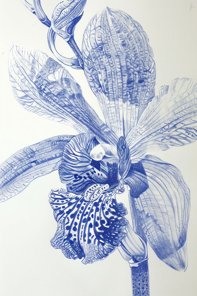 Vintage drawing orchid sketch plant blue.