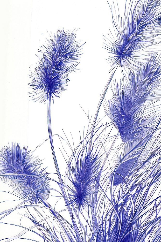 Vintage drawing chenille plant flower sketch blue.
