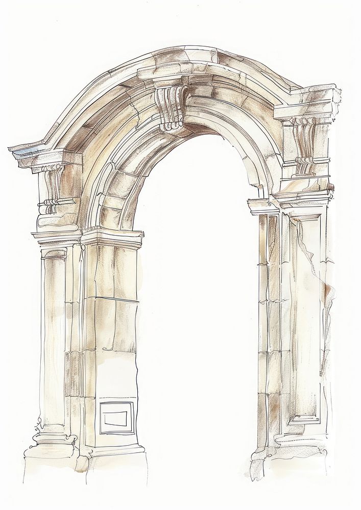 Realistic vintage drawing of arch sketch architecture white background.