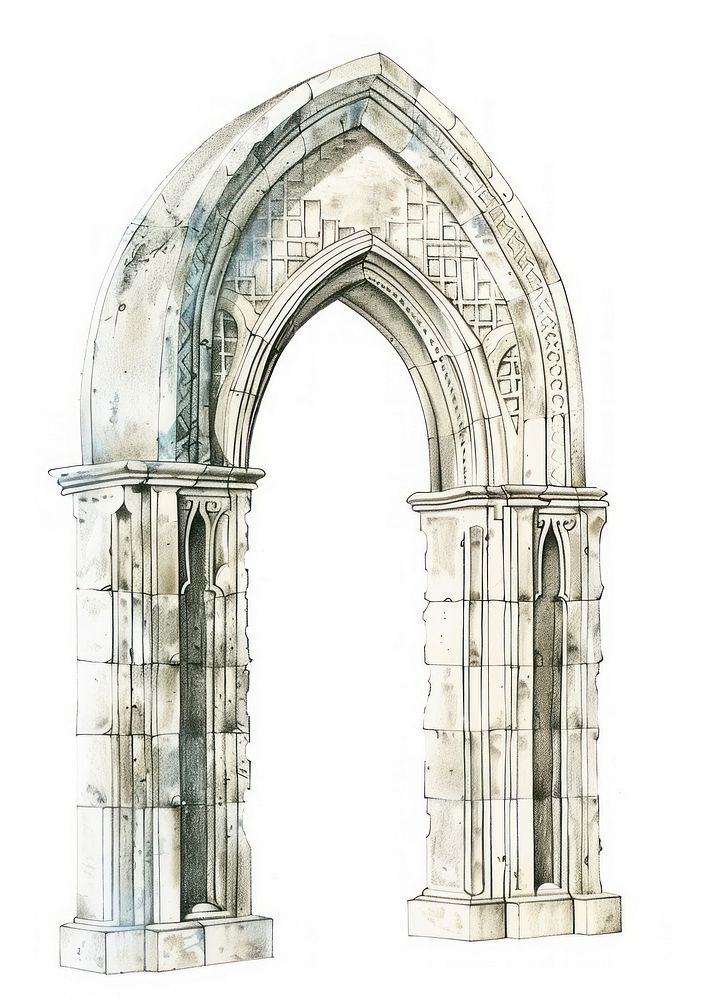 Realistic vintage drawing of arch architecture sketch white background.