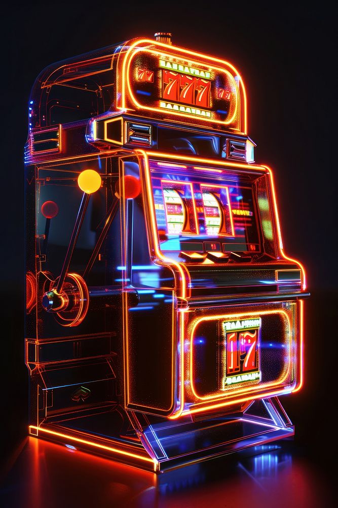 Render of glowing casino slot machine gambling game illuminated.