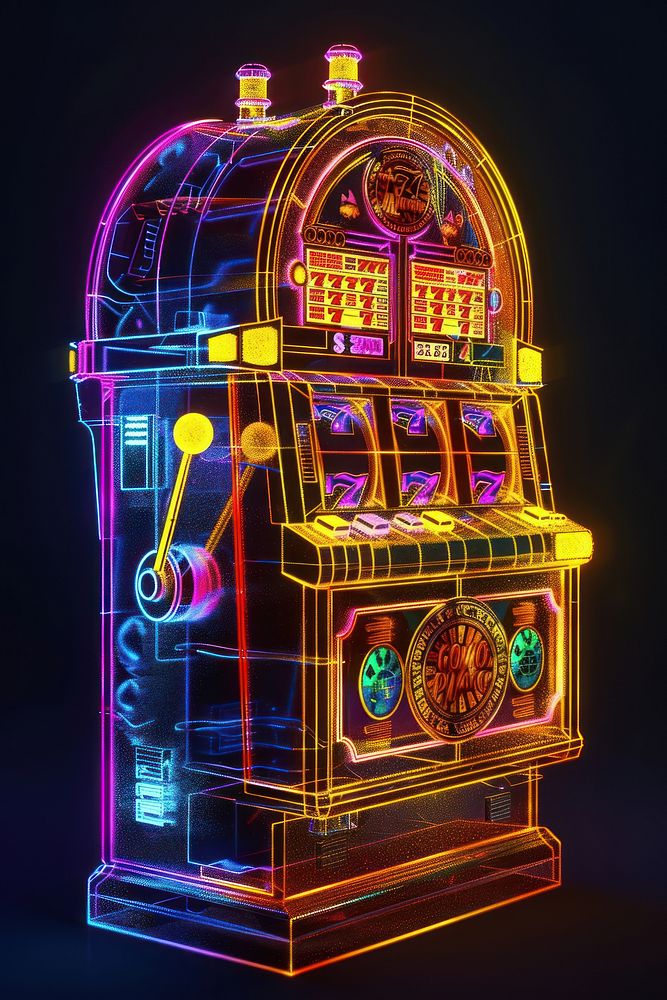Render of glowing casino slot machine gambling game illuminated.
