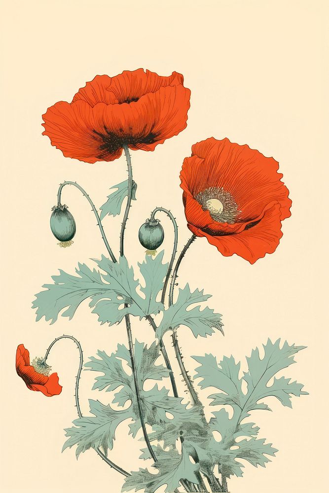 Poppy isolated flower art drawing.