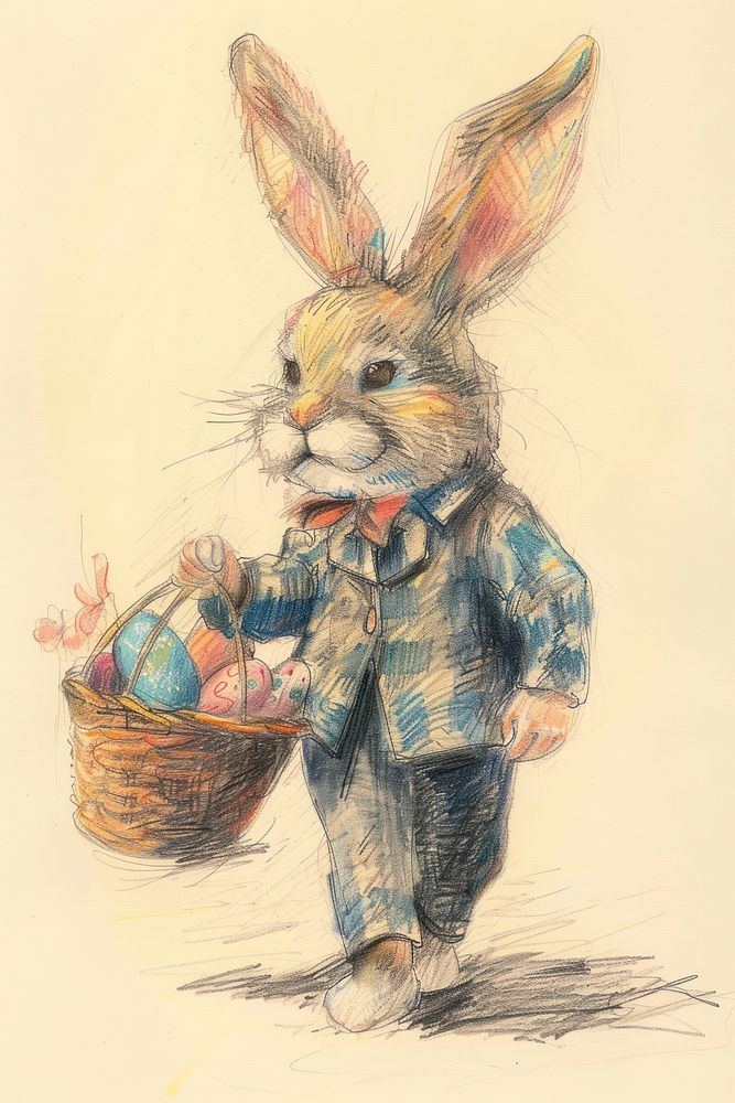 Easter bunny character drawing sketch painting.