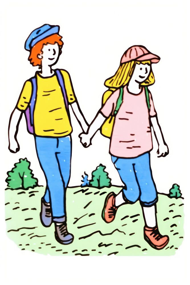 Doodle illustration couple hiking walking cartoon togetherness.