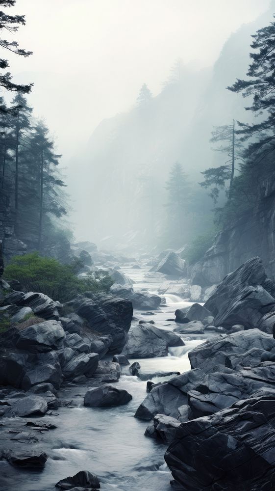 Cool wallpaper rocky river forest fog wilderness.