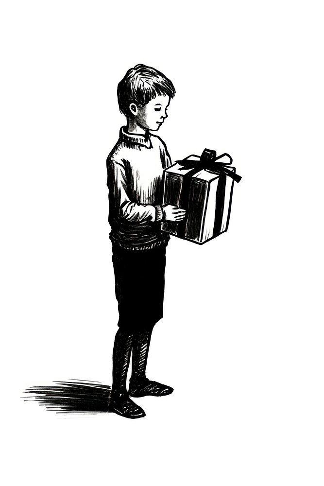 Standing child holding gift drawing sketch black.