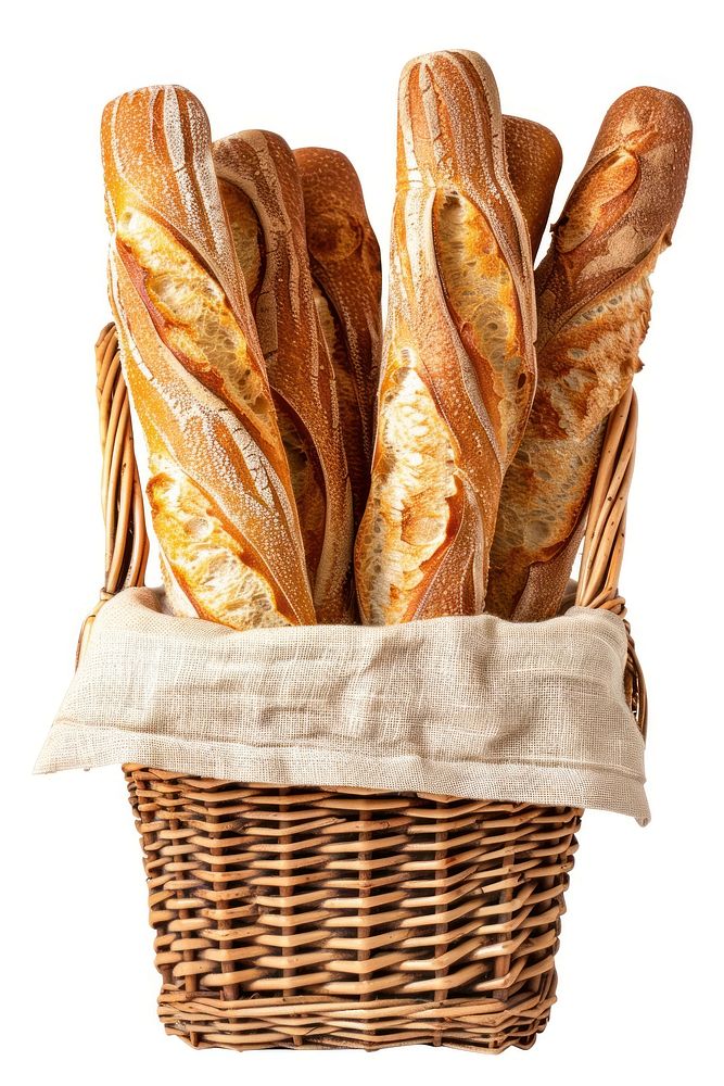 Baguette in basket bread food white background.