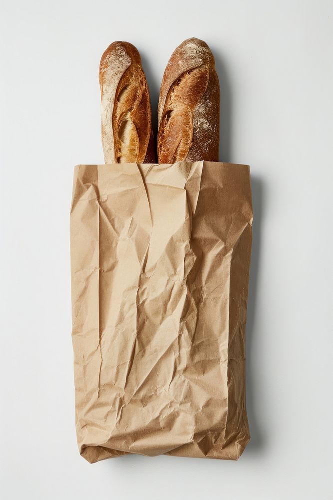 Baguette in paper bag bread food white background.
