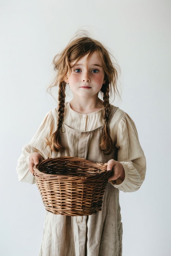 Girl holding basket standing child white background.