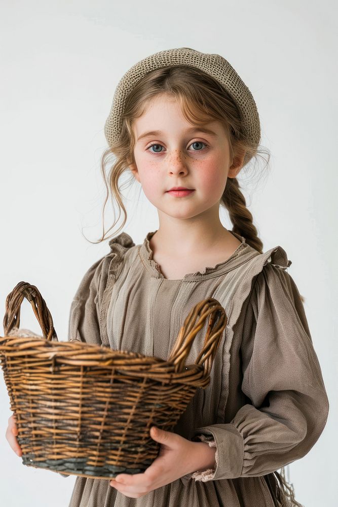 Girl holding basket standing child white background.
