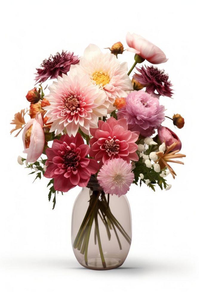 A bouquet of different flowers vase plant white background.