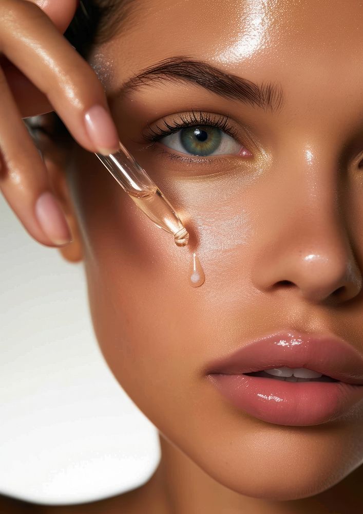 Woman applying facial serum drops skin cosmetics adult.
