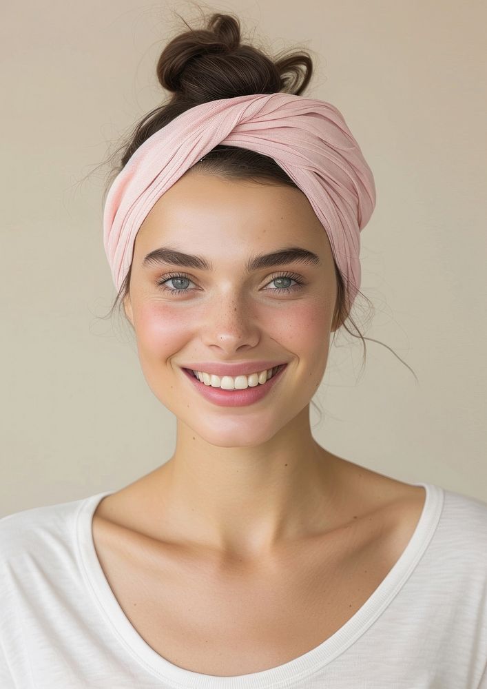 Woman applying face cream turban scarf adult.