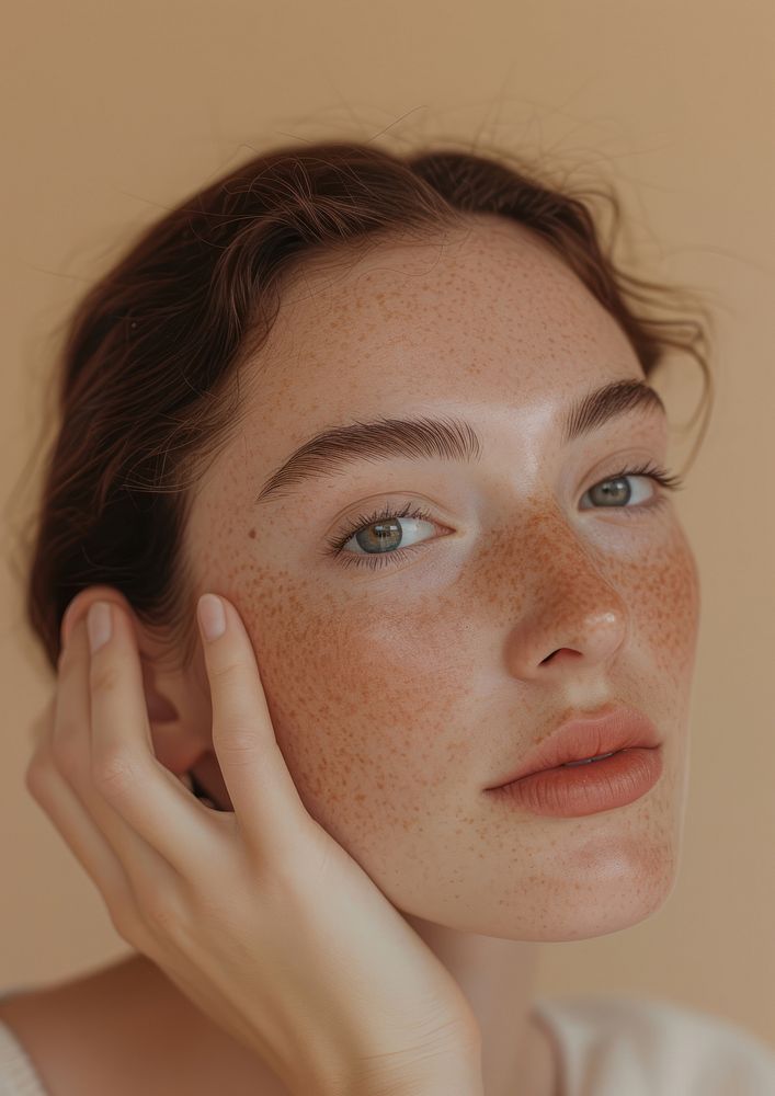 Woman applying facial cream skin portrait freckle.