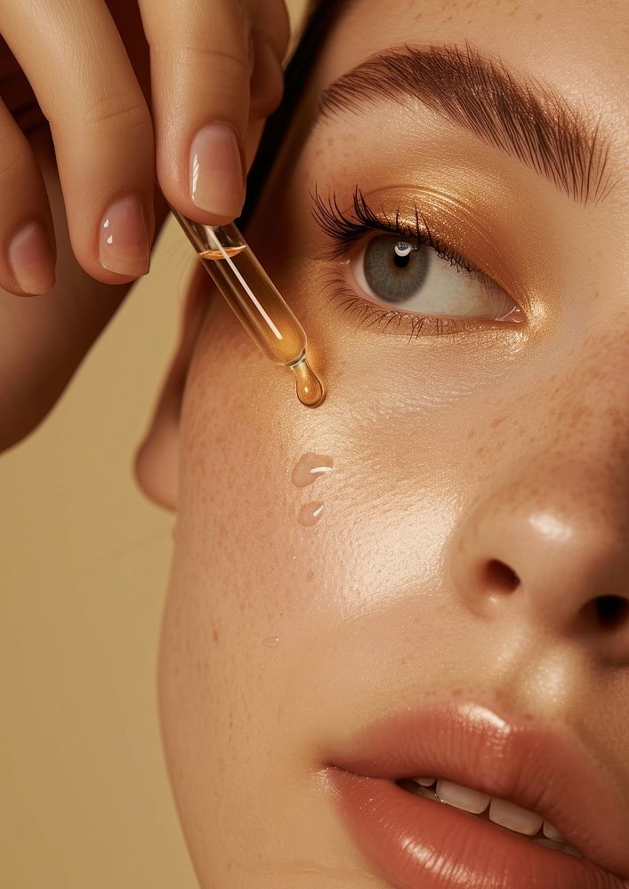 Woman applying facial serum drops cosmetics adult skin.