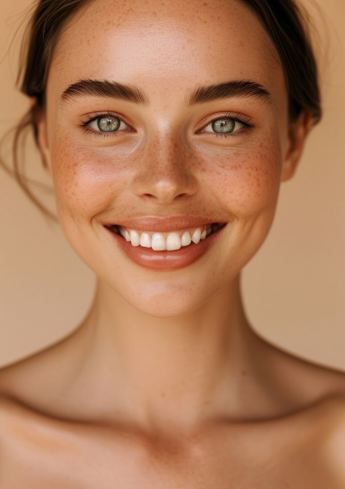 Woman happy with no makeup smile skin portrait.
