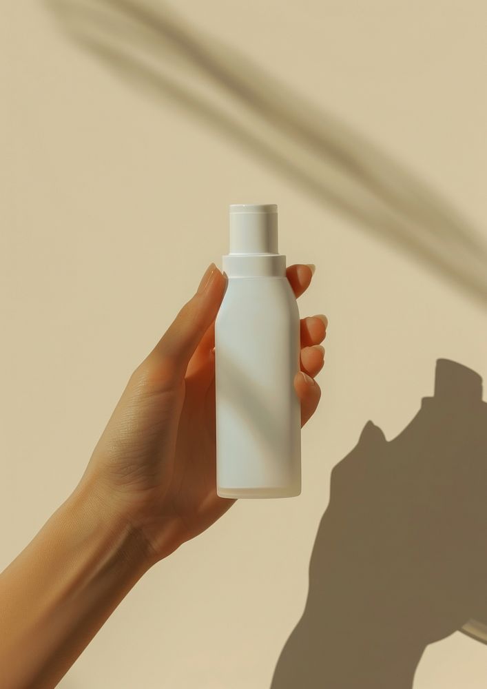 Hand holding skincare bottle cosmetics container perfume.