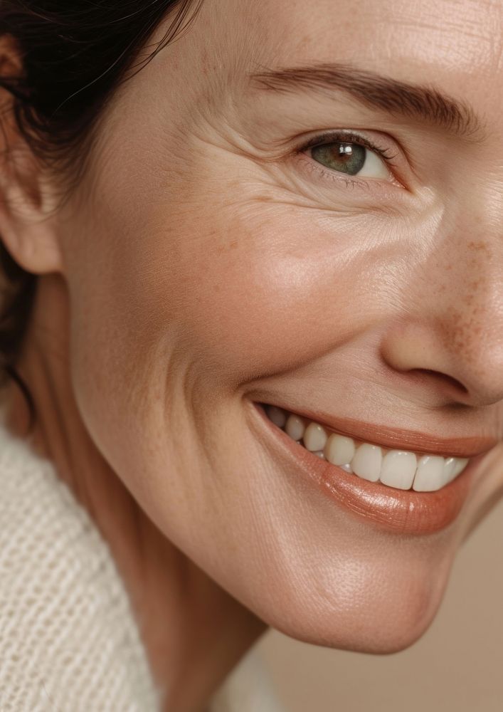 Middle age woman with no makeup smile skin adult.