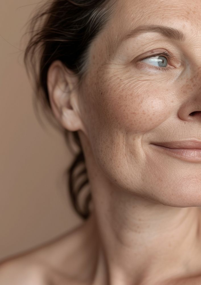 Middle age woman happy with no makeup skin portrait adult.