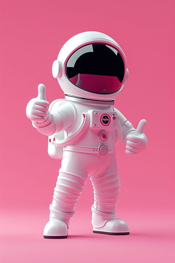 Happy female astronaut robot toy representation.