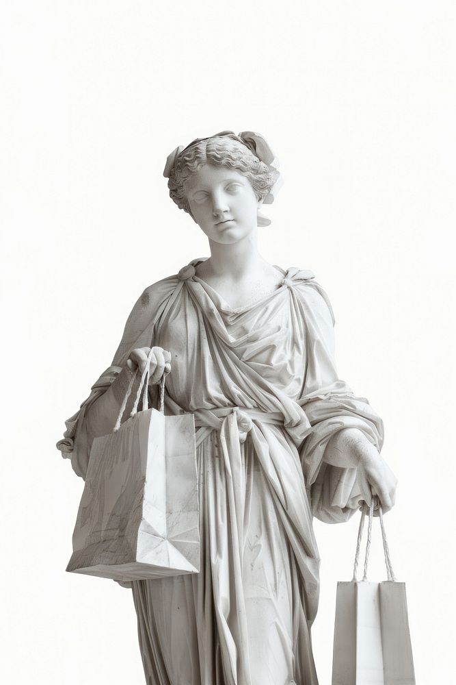 Greek sculpture holding shopping bag statue art white background.